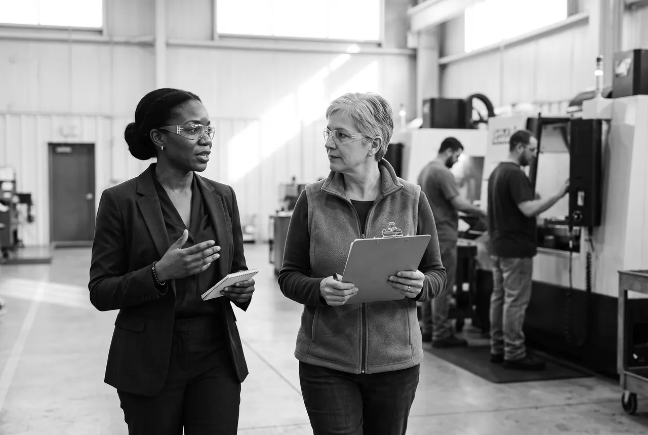 Adaora Okafor walking a client’s production floor with the plant’s human resources manager, both in safety glasses