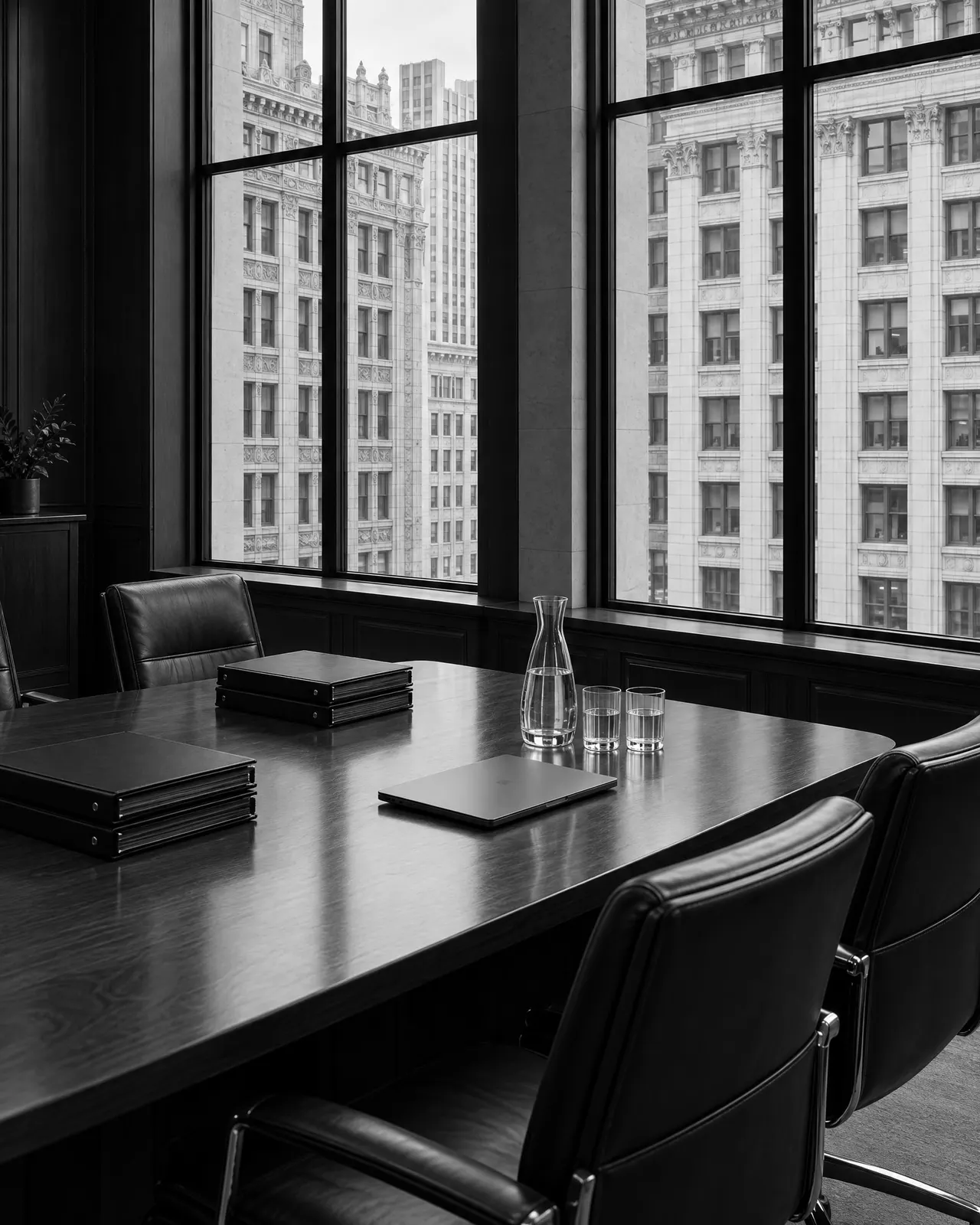 The firm’s conference room: a long walnut table, document binders and steel-framed windows facing limestone and terra cotta office buildings