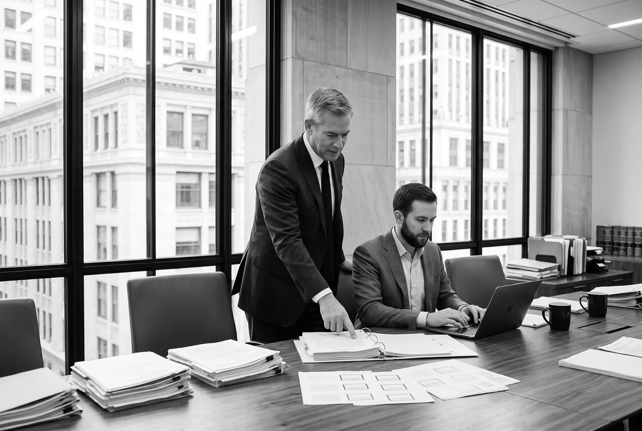 Thomas Marlowe and Owen Ferris at the conference table, open trial binders in front of them