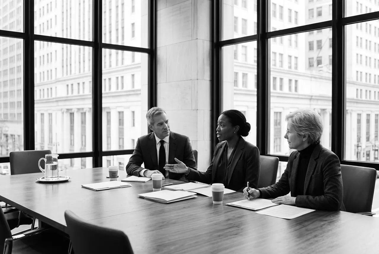 Thomas Marlowe, Adaora Okafor and Ruth Zielinski in conversation at the conference table