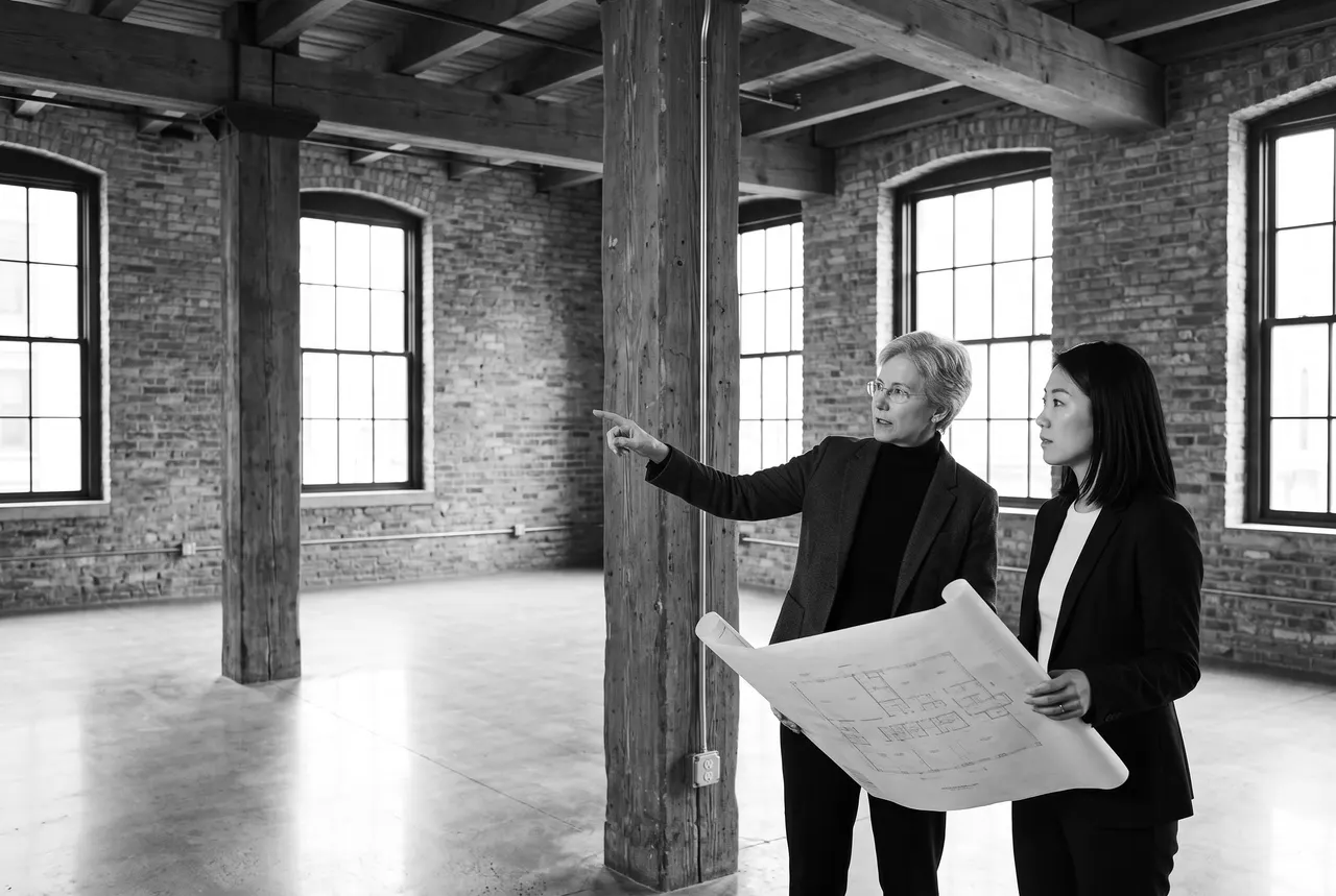 Ruth Zielinski and Lena Sato walking through an empty brick and timber loft space, Lena holding a floor plan