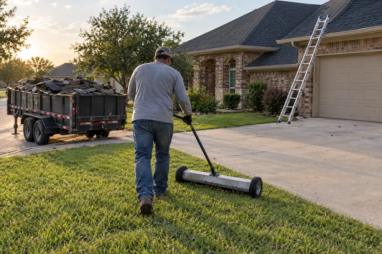 Roofer rolling a magnetic nail sweeper across a lawn next to a trailer full of old shingles